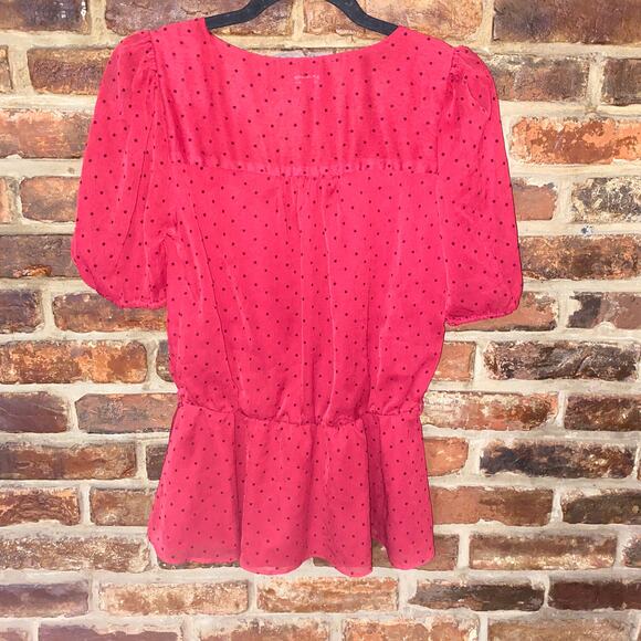 Wardrobe Red Jacquard Dot Short Sleeve Surplice Peplum Top Women's Size Medium - Picture 8 of 8